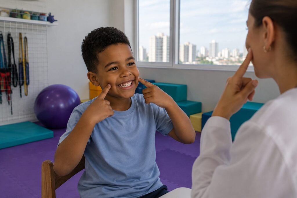 Fonoaudióloga em atendimento com criança sorrindo em clínica de reabilitação infantil