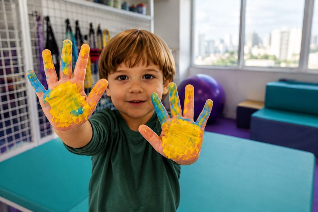 Criança sorridente com as mãos pintadas durante atividade de estimulação sensorial na Clínica AmarElo