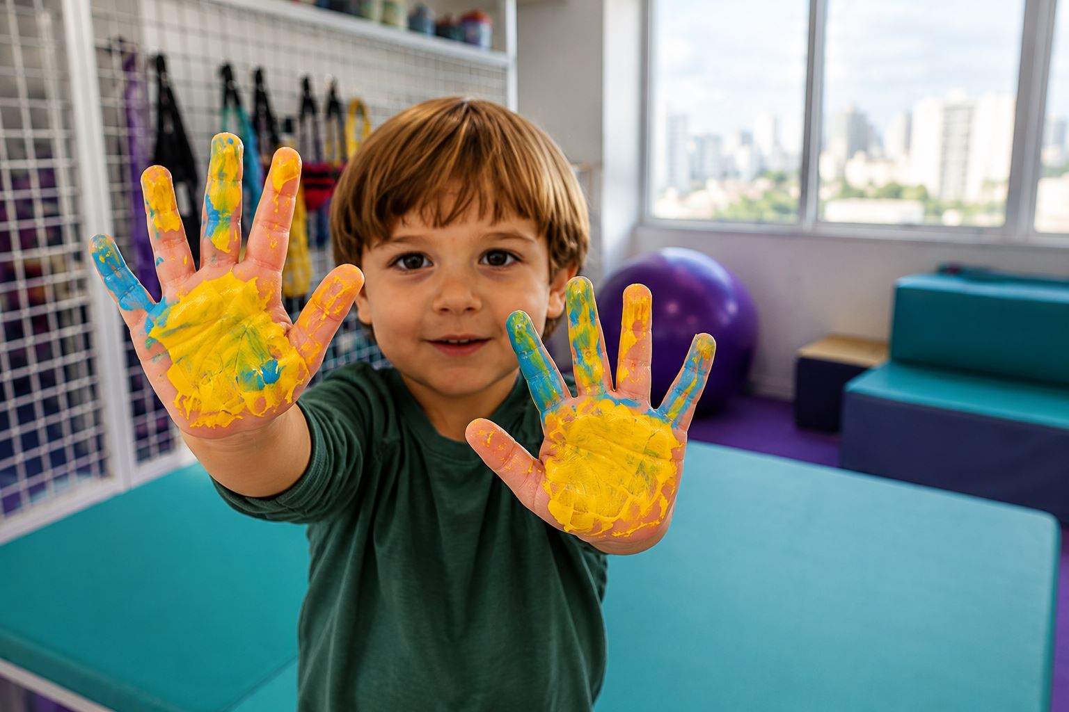 Criança sorridente com as mãos pintadas durante atividade de estimulação sensorial na Clínica AmarElo